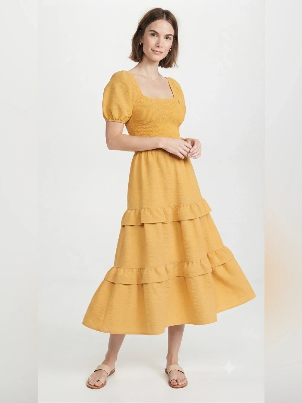 LIKE NEW Golden Yellow Textured Tiered Puff Sleeve Yellow Dress